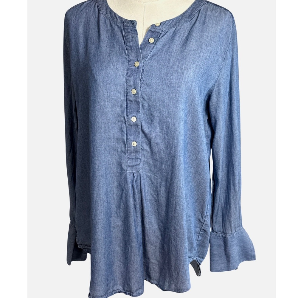 LOFT Chambray Henley Tunic Top Blue Cotton Lyocell Tie Cuff Blouse Small